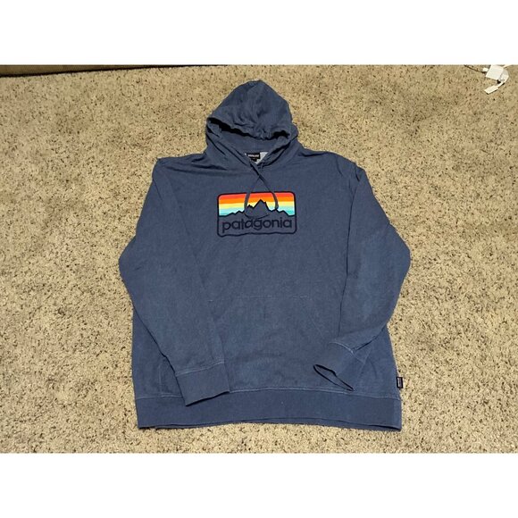 Patagonia Mens Blue Hoodie Size XXL With Rainbow Mountain Logo Graphic - Picture 1 of 13
